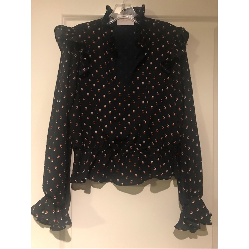NWOT Blush Boutique Navy Ruffle Printed Blouse